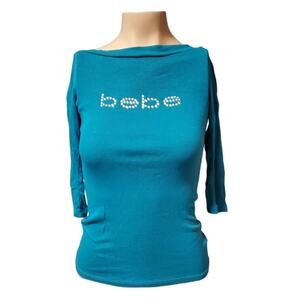 Bebe Ribbed Rayon Sequin Logo Three Quarter Sleeves Top